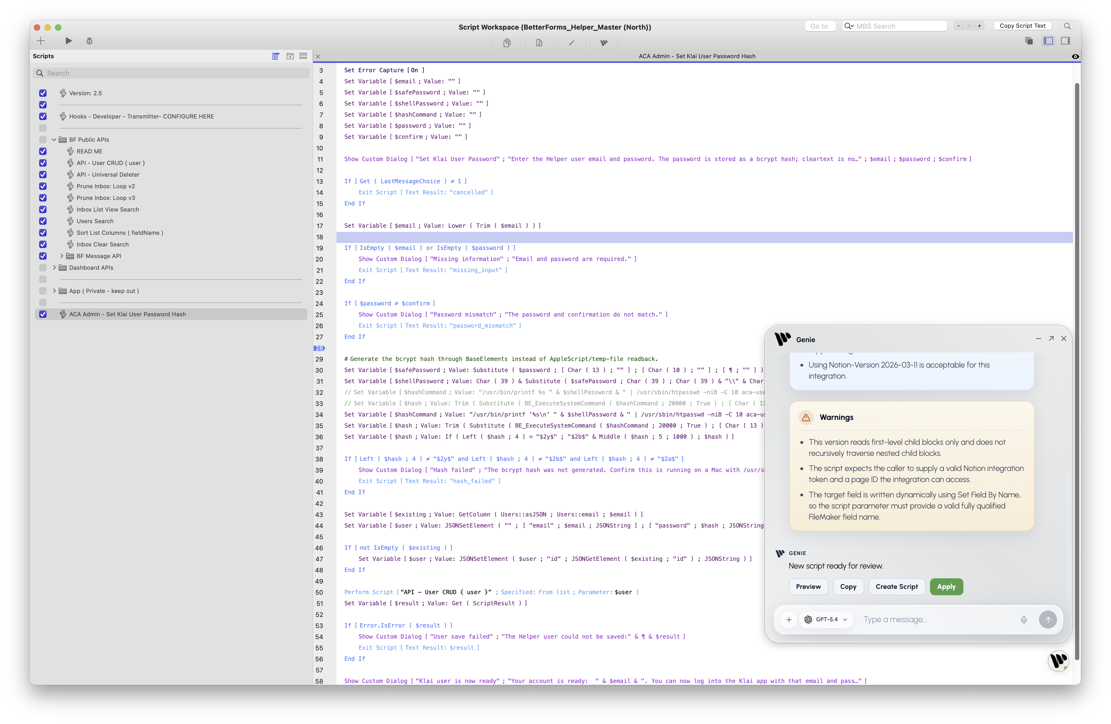 Genie working beside FileMaker Script Workspace with visible Preview, Copy, Create Script, and Apply actions