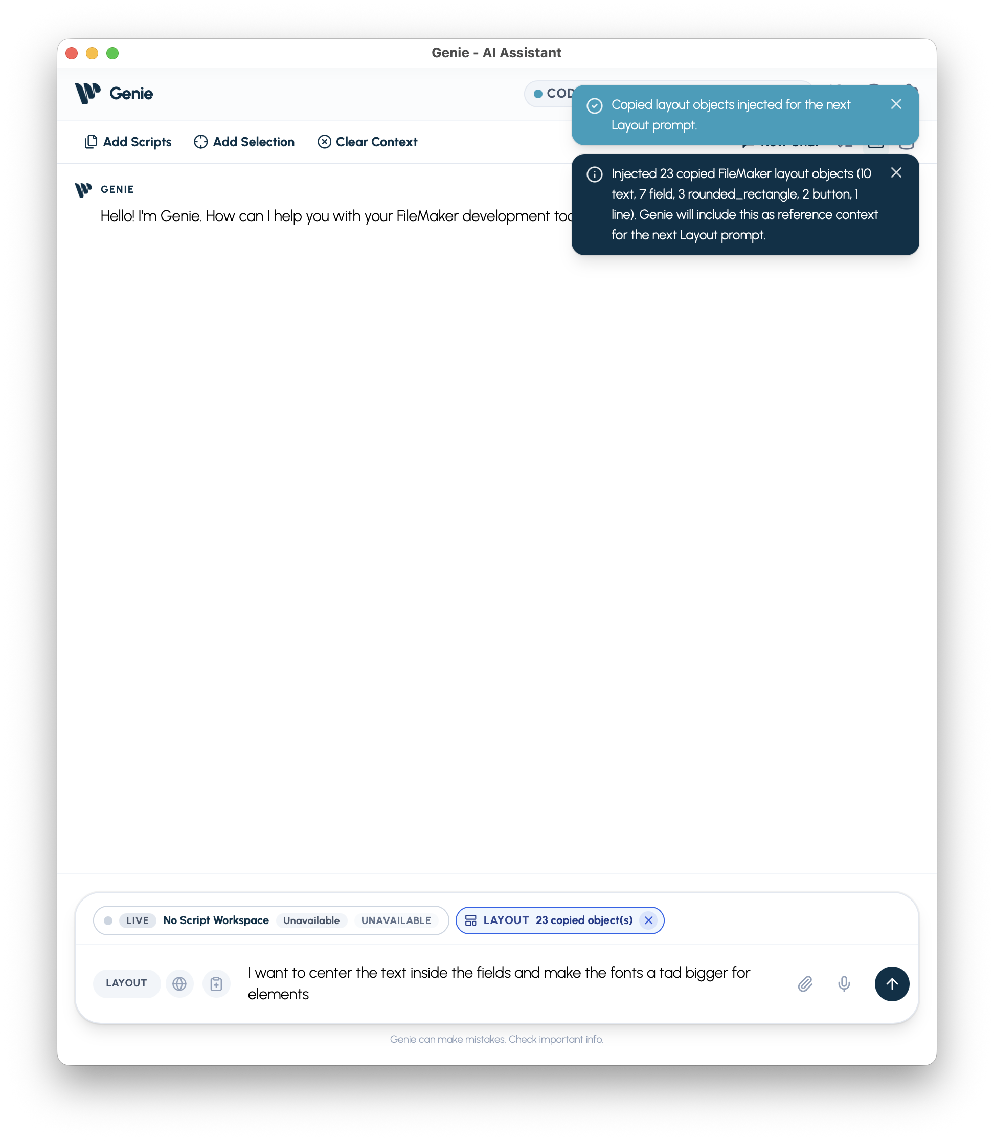 Selected FileMaker layout objects prepared for Genie