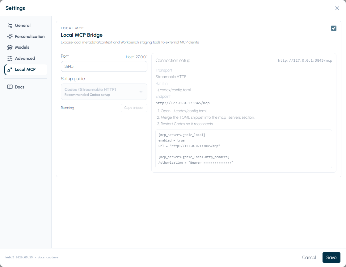Genie Local MCP Bridge settings