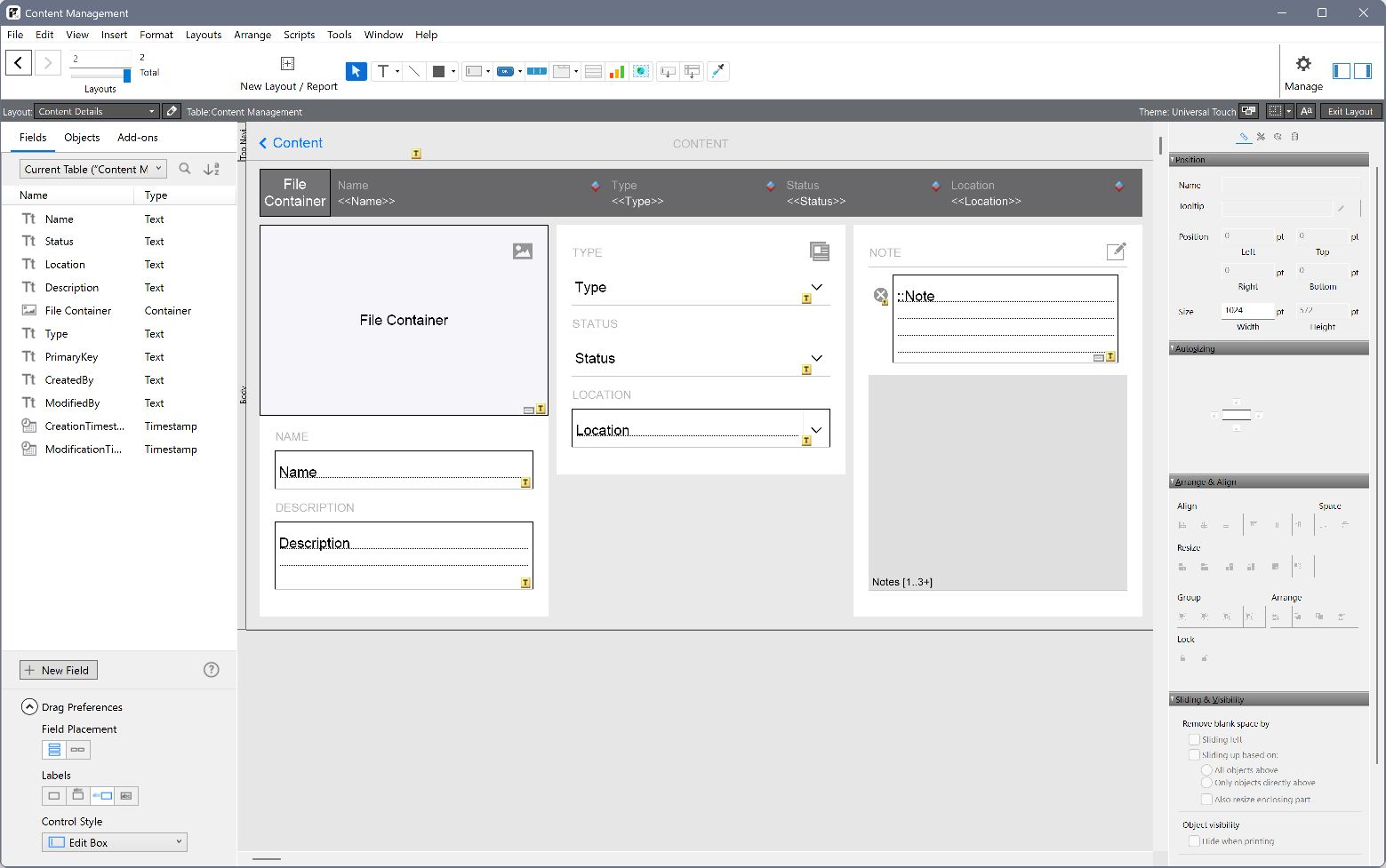 FileMaker’s Content Details layout, showing the content fields and attachment area.