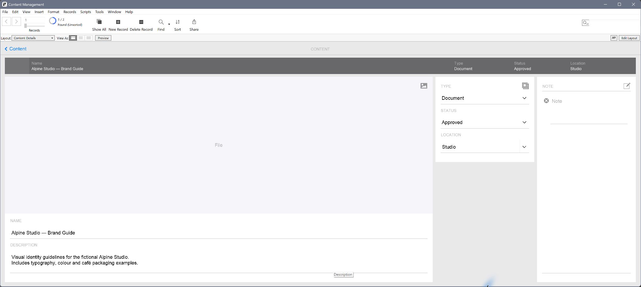 The original Content Details layout shows Alpine Studio with an Approved status after reopening the file.