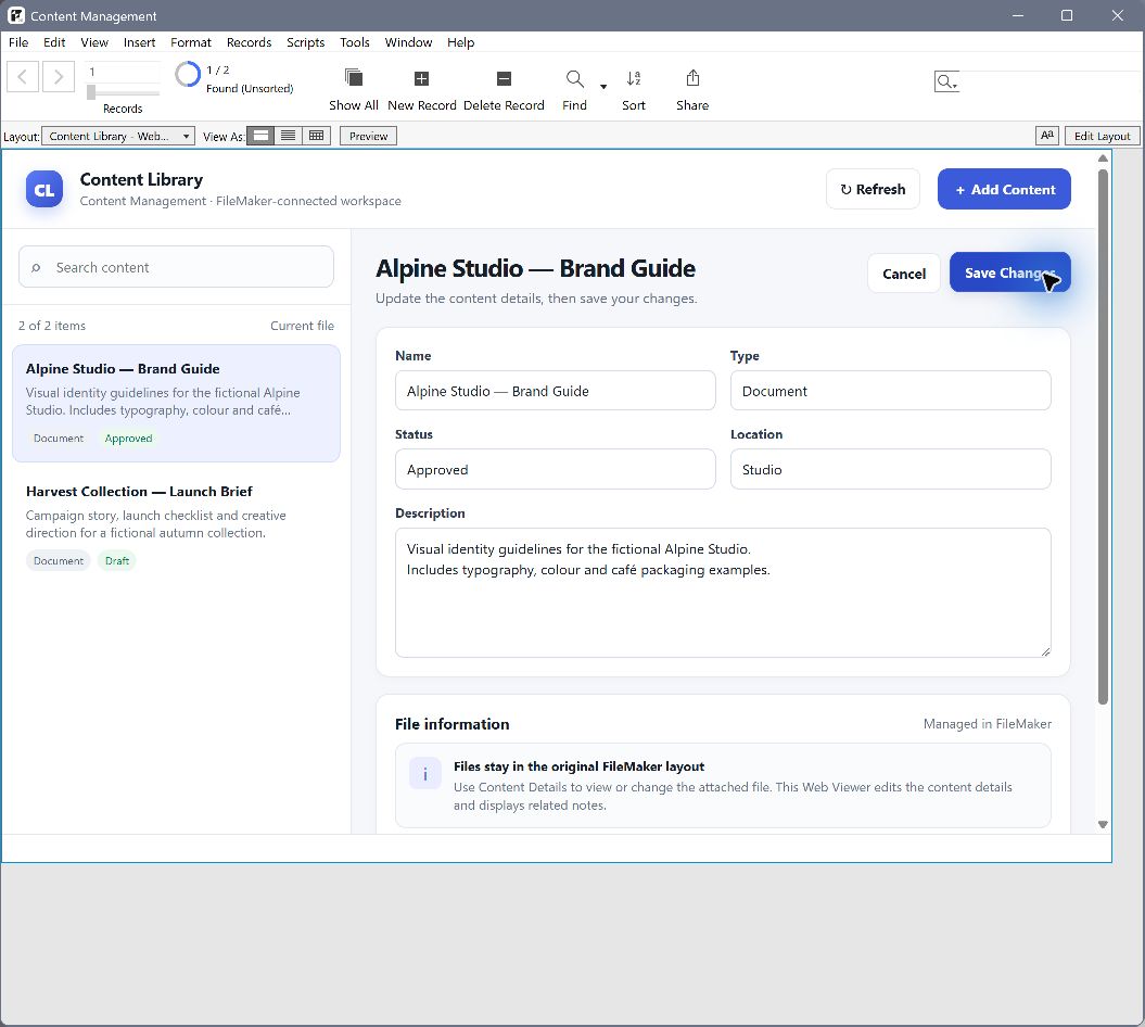 The Content Management solution’s Web Viewer in edit mode, with Save Changes and Cancel controls.