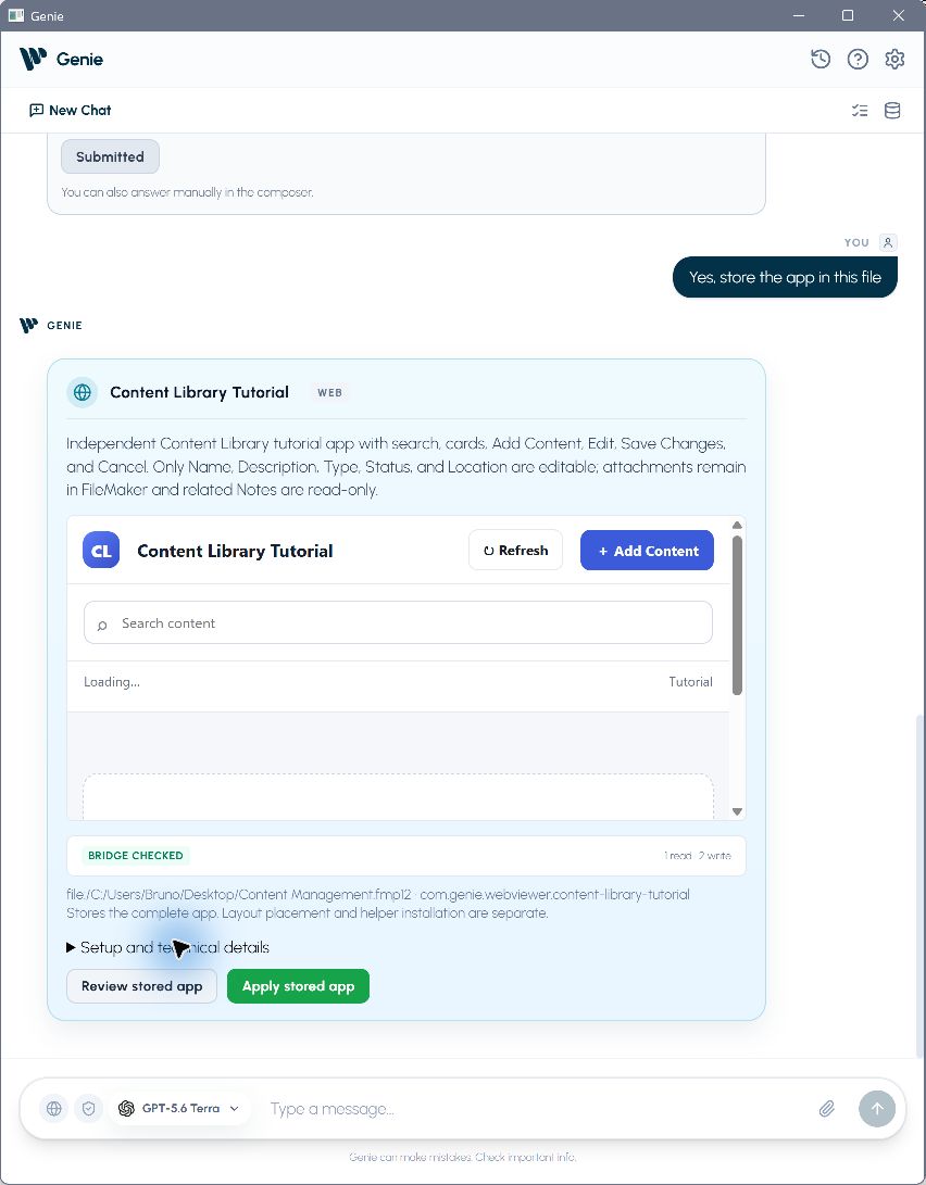 The app card in Genie presents the storage proposal and the Apply stored app control.