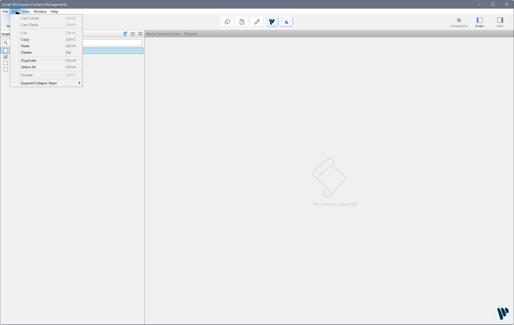FileMaker’s Edit → Paste menu in Script Workspace, with a folder selected in the left-hand Scripts list.