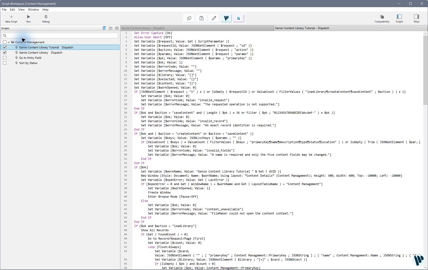 Genie Content Library Tutorial - Dispatch installed in FileMaker, showing its validation steps.