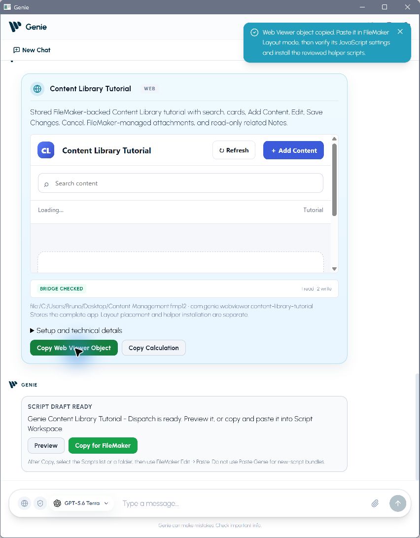 The stored app card in Genie with its Copy Web Viewer Object control.