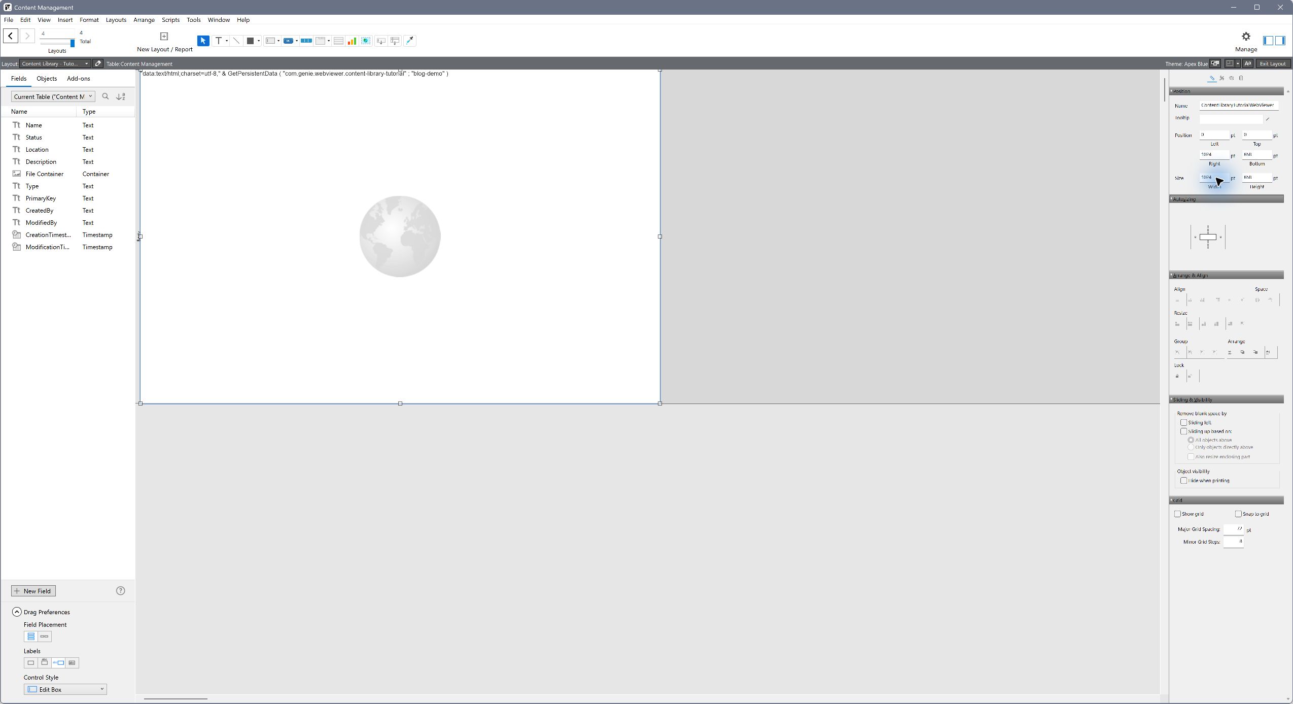 The Web Viewer selected on the new FileMaker layout, with its object name and dimensions in the Inspector.