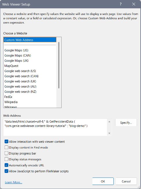 Web Viewer setup with the calculation and the interaction, URL encoding and FileMaker script options enabled.