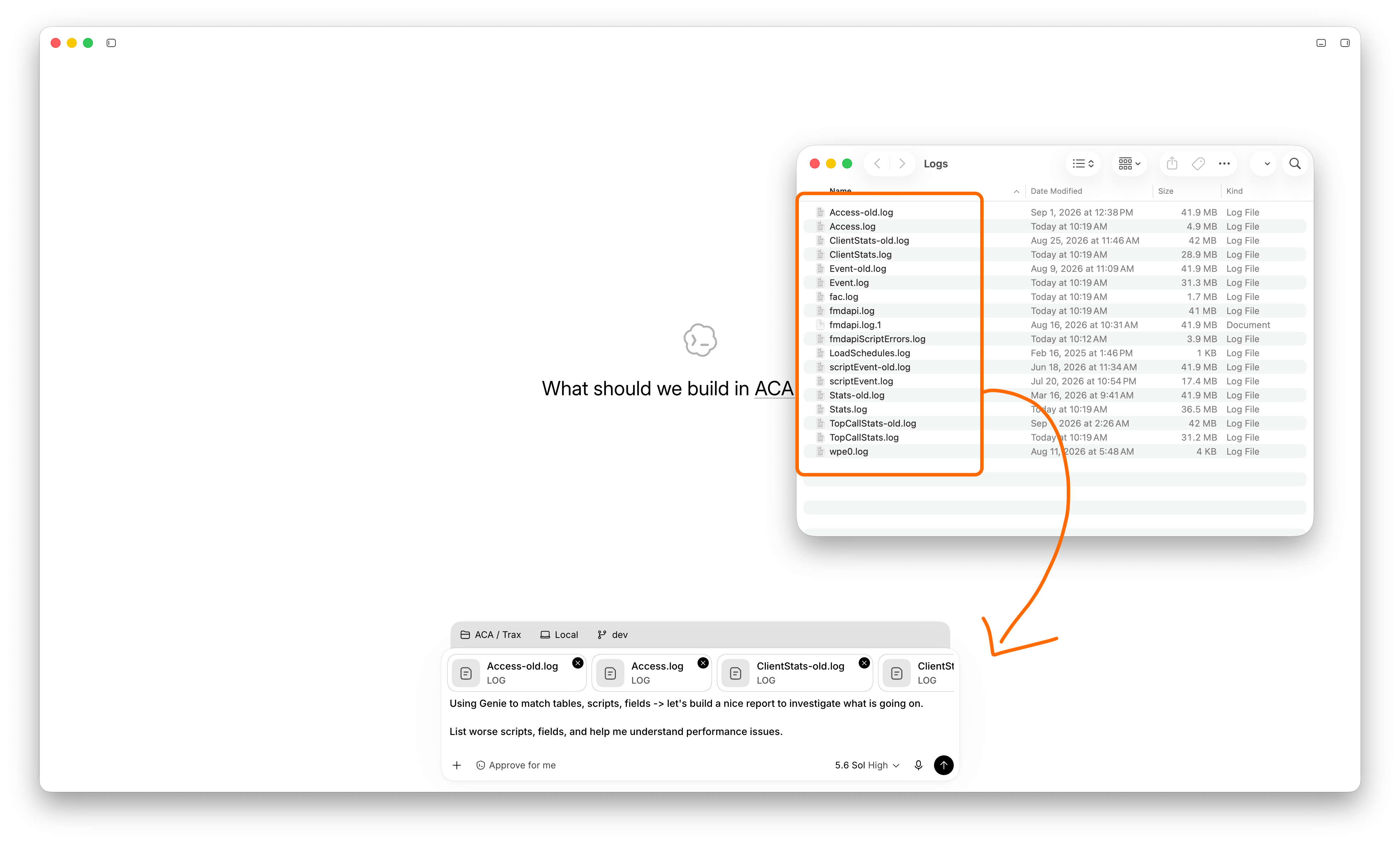 FileMaker Server log files are added to a Codex conversation.