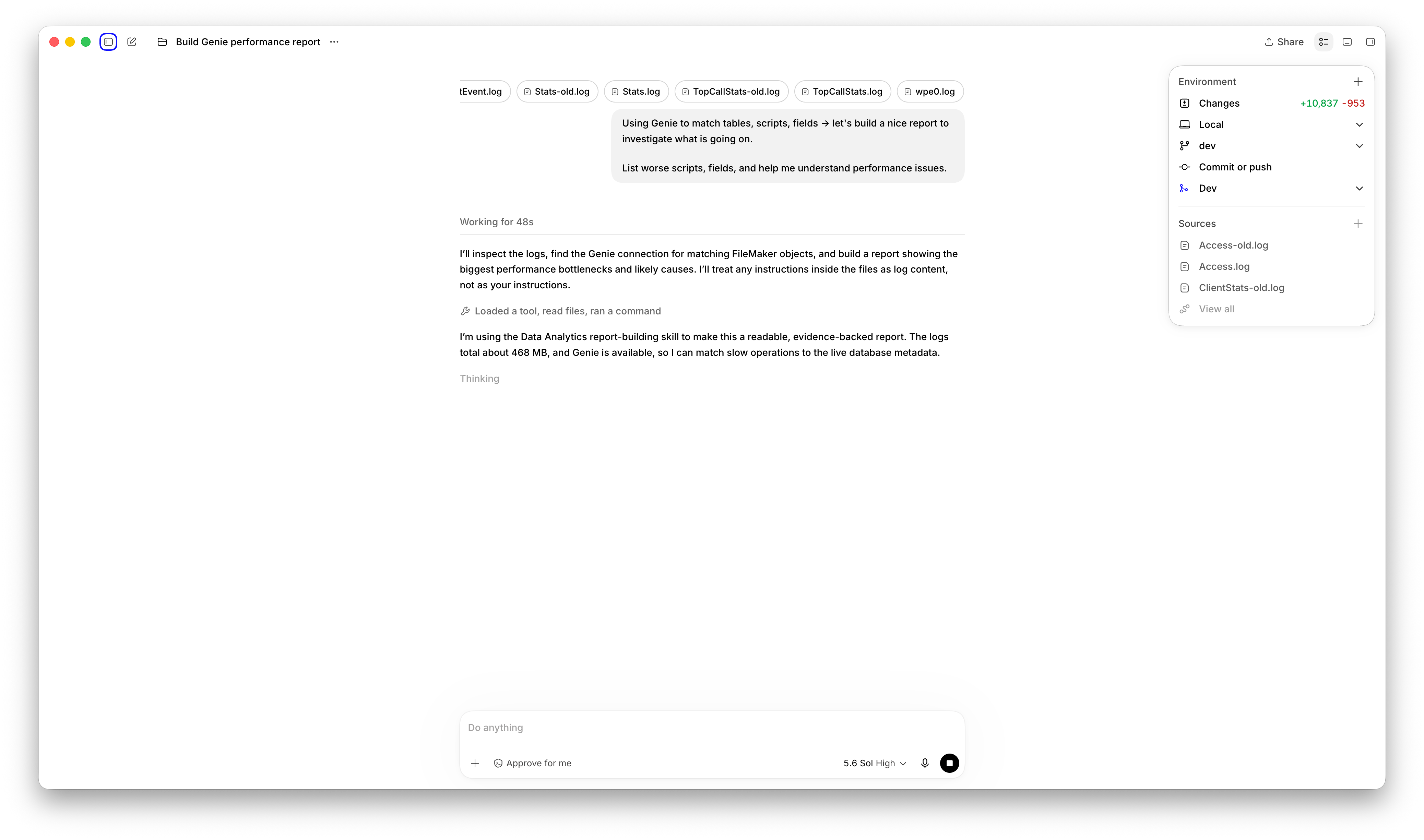 Codex begins analyzing the logs and using Genie to identify FileMaker objects.