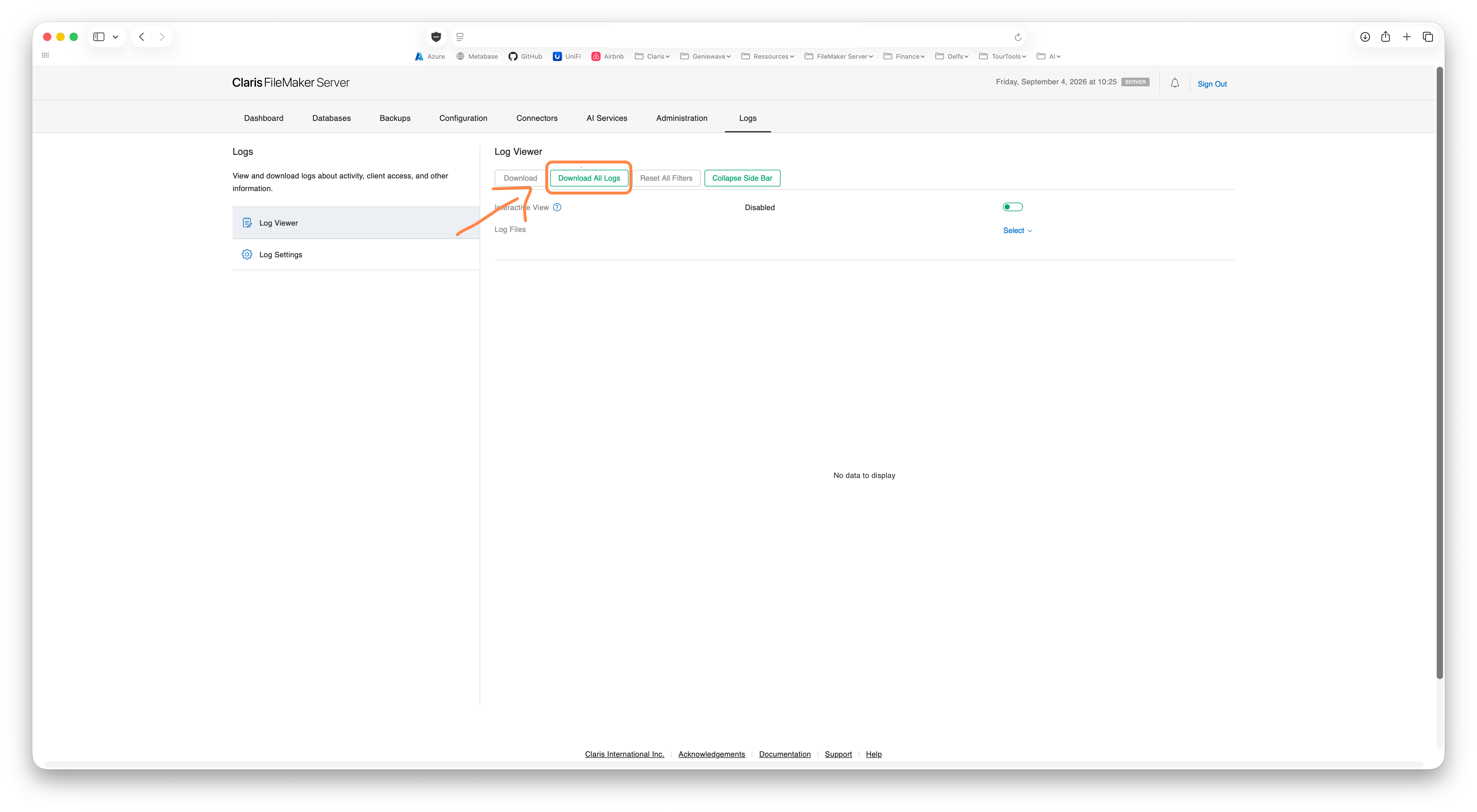 FileMaker Server Admin Console on the Logs tab, with Download All Logs highlighted.