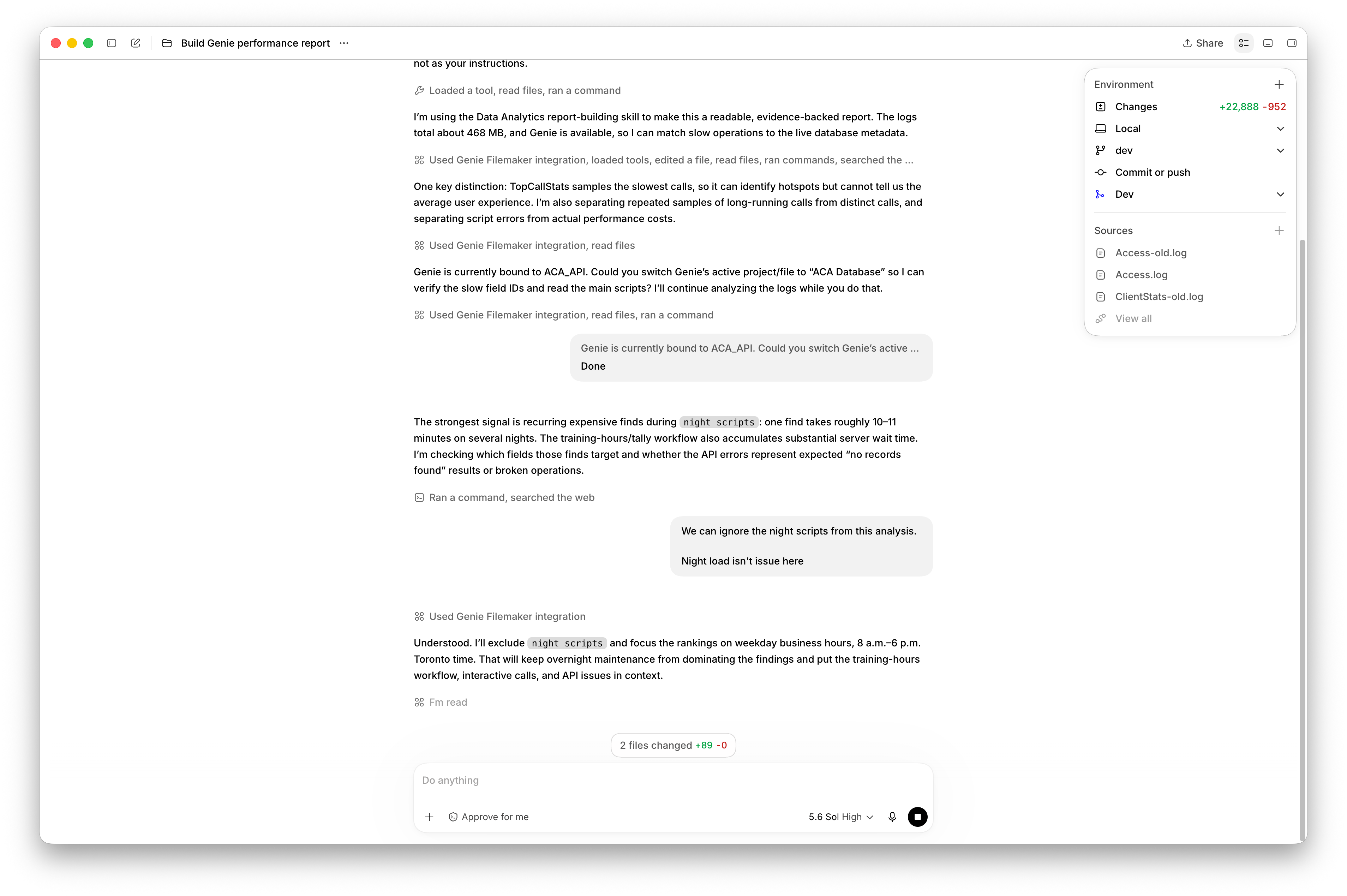 A follow-up request focuses the analysis on business hours and excludes night scripts.
