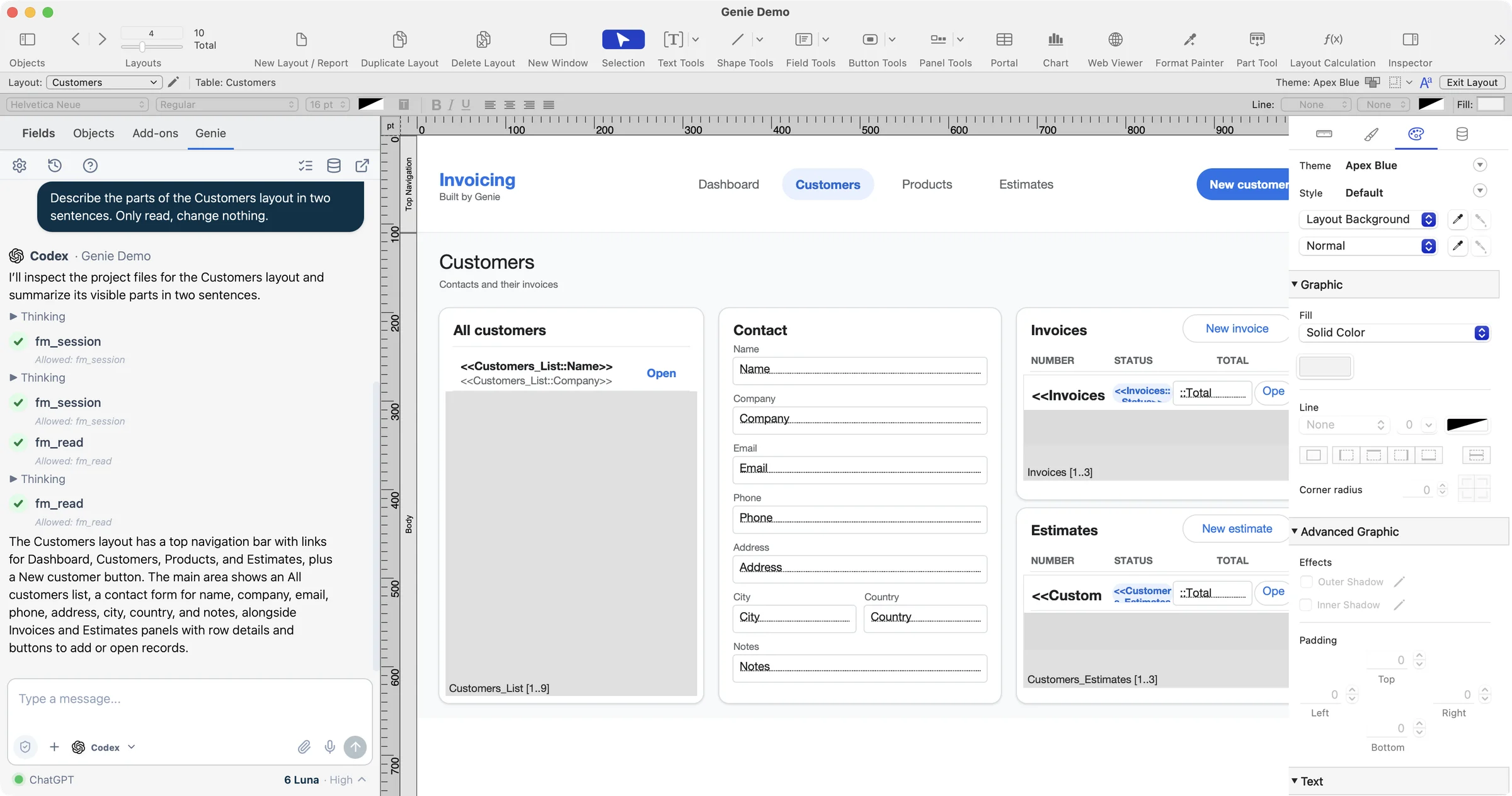 Layout mode with the Genie tab and an agent at work