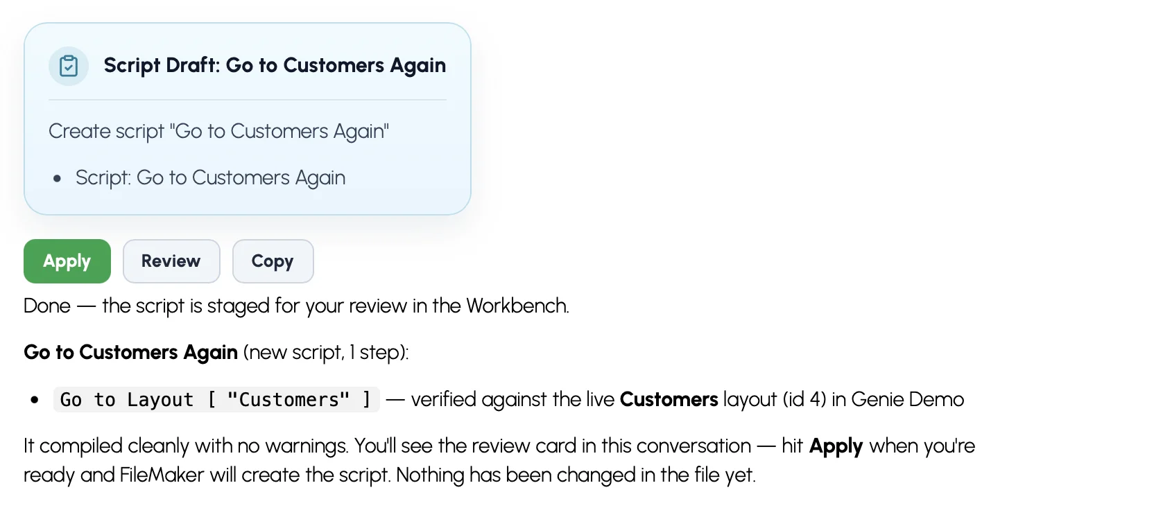 A card with the Apply, Review and Copy buttons