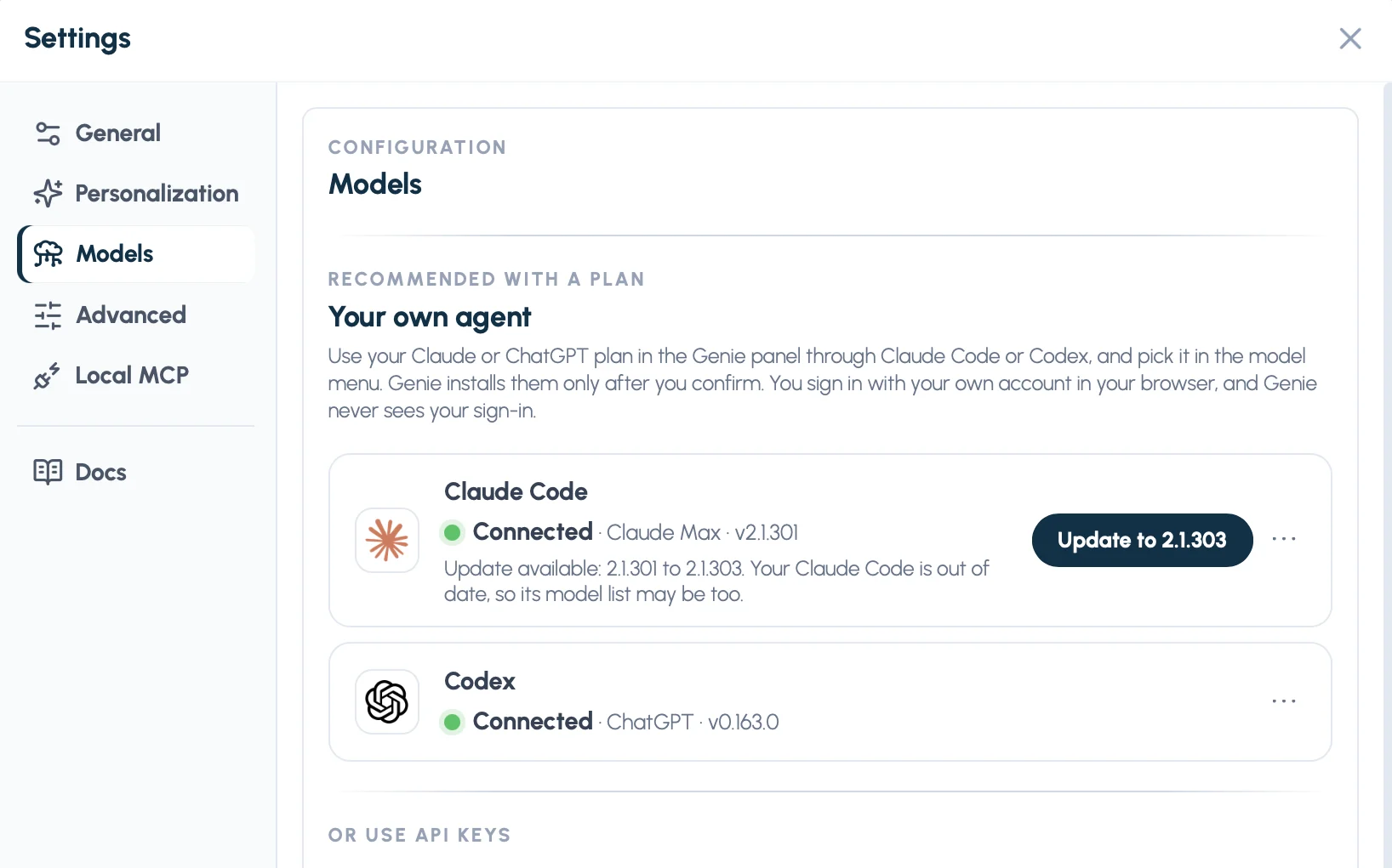 Settings › Models, Your own agent section