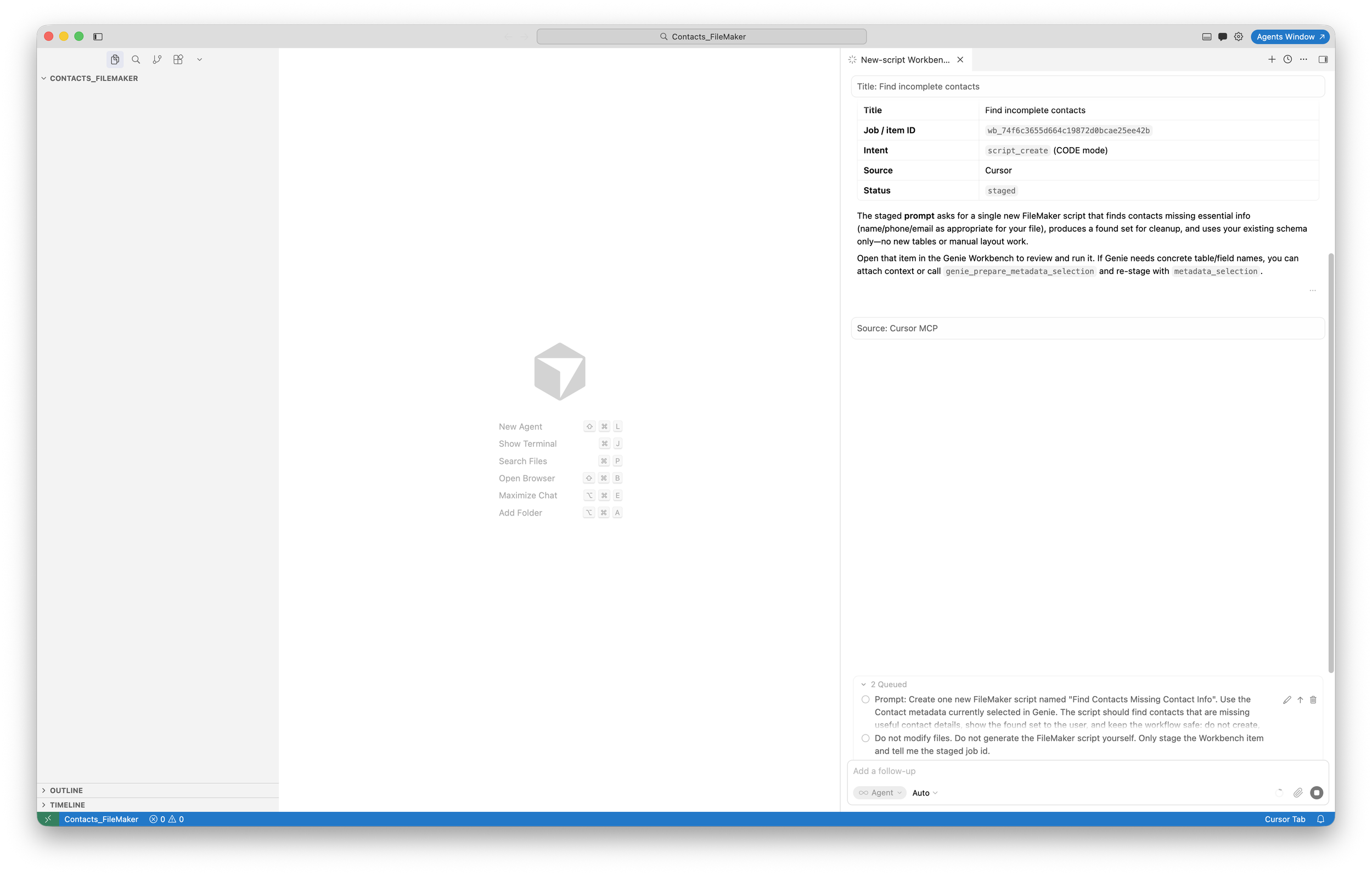 Cursor confirms the Workbench job ID and staged status.