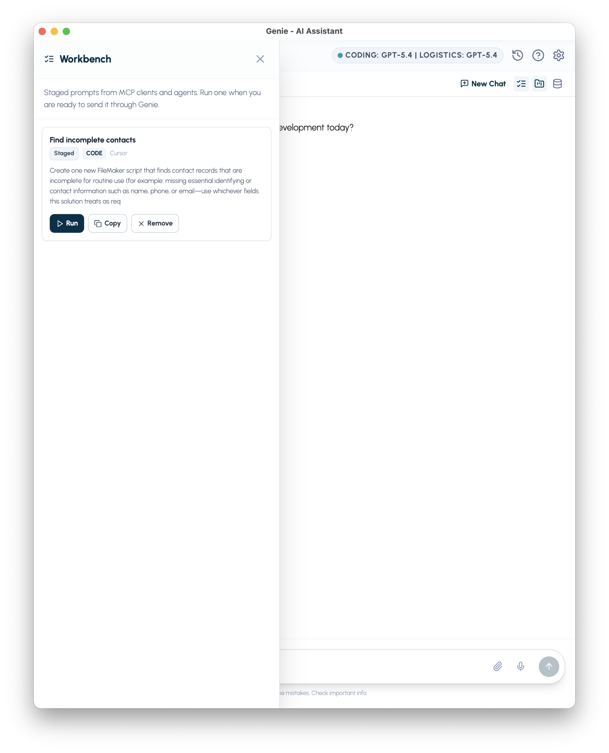 The staged task appears in Genie Workbench.