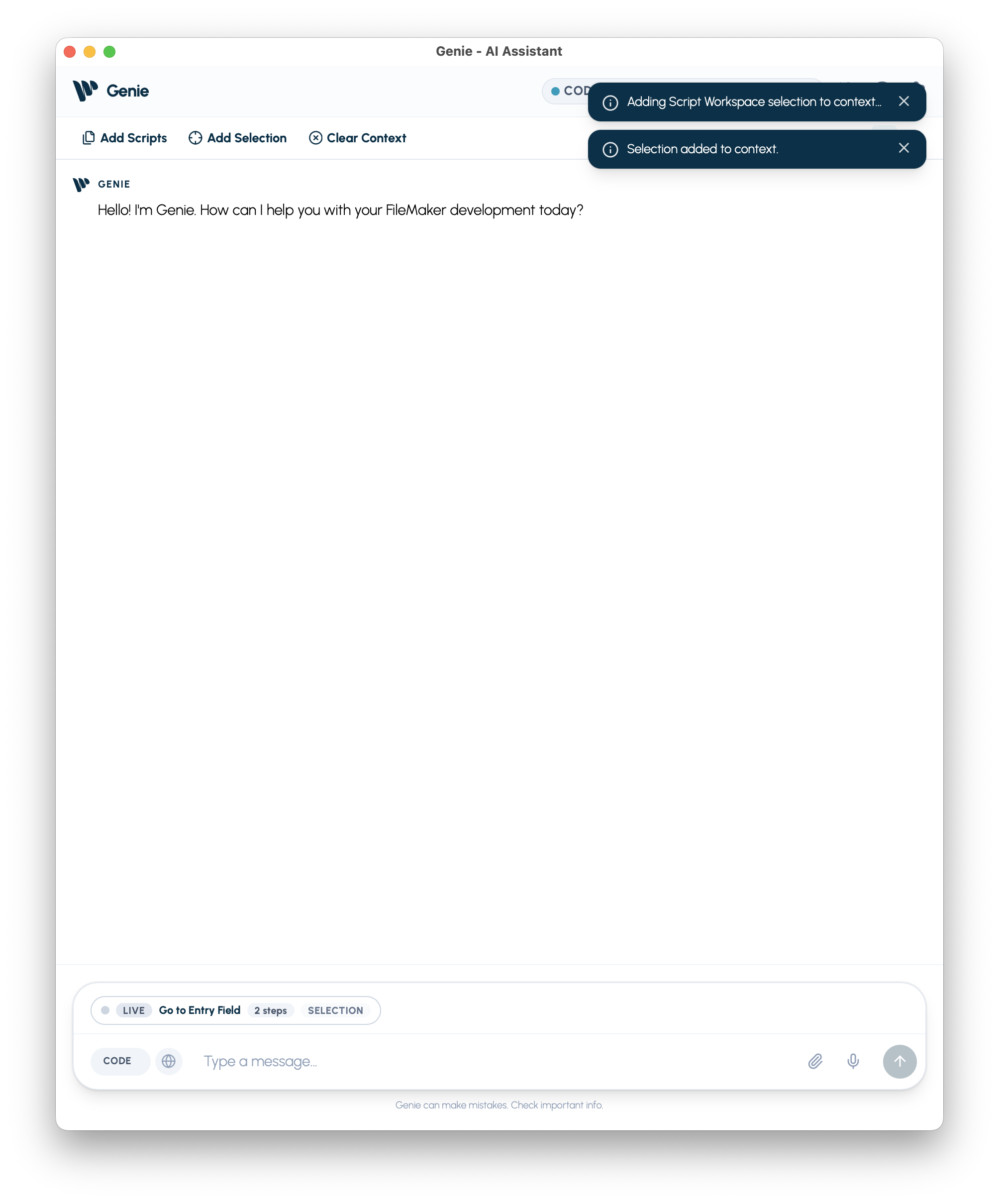 Select existing script steps in Script Workspace, then add that selection to Genie.