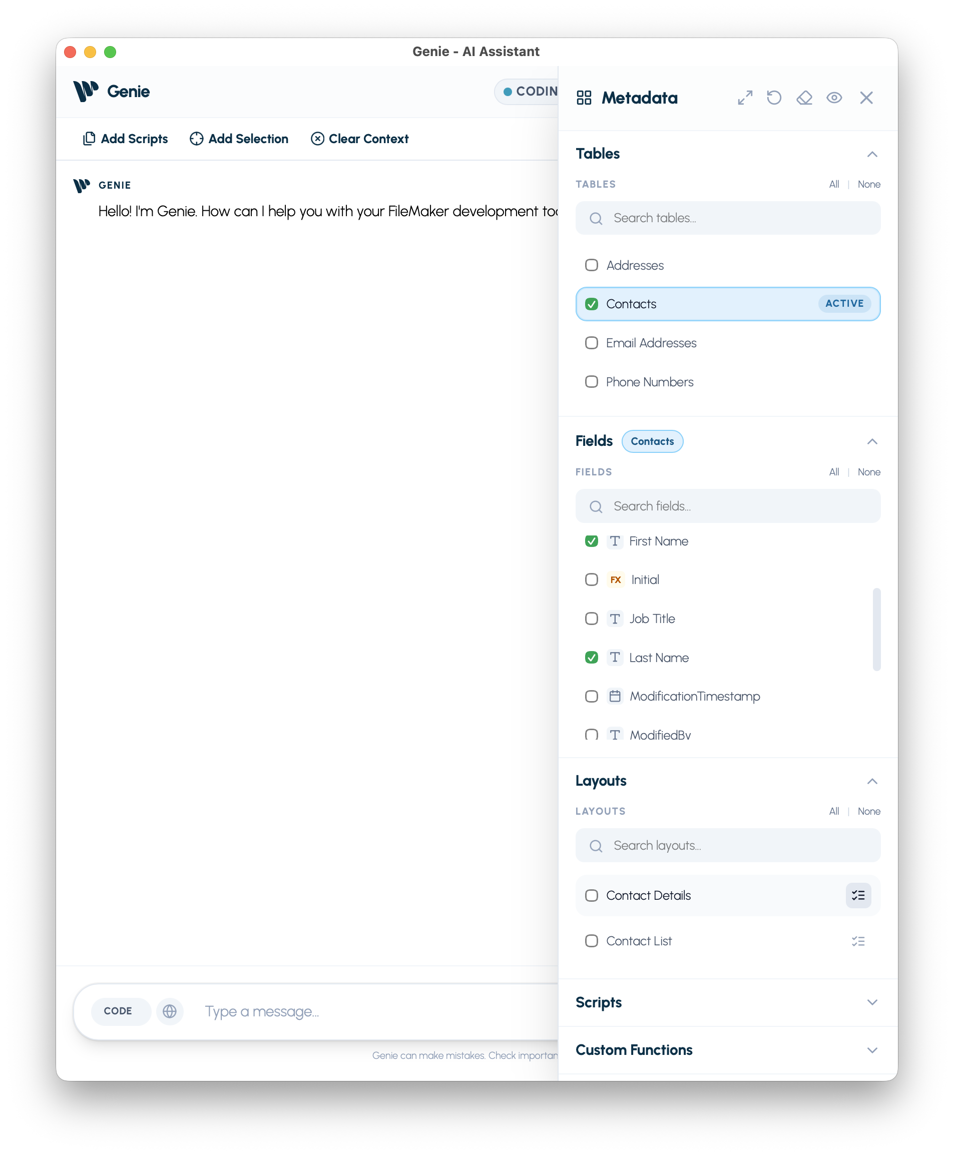 Contacts metadata selected in Genie: table, fields, layouts.