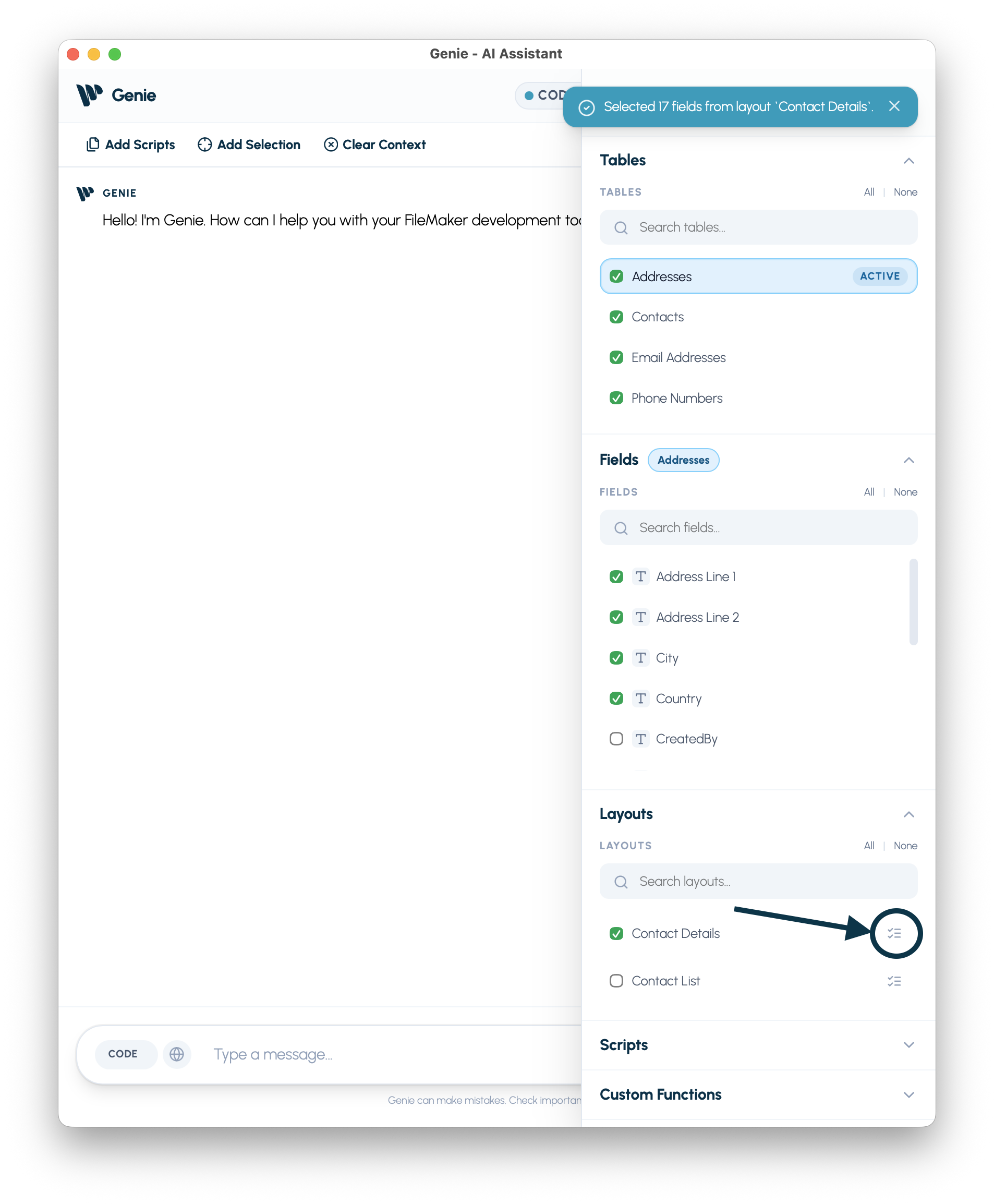 Using the select fields on layout button, Genie automatically attaches layouts, tables and fields.