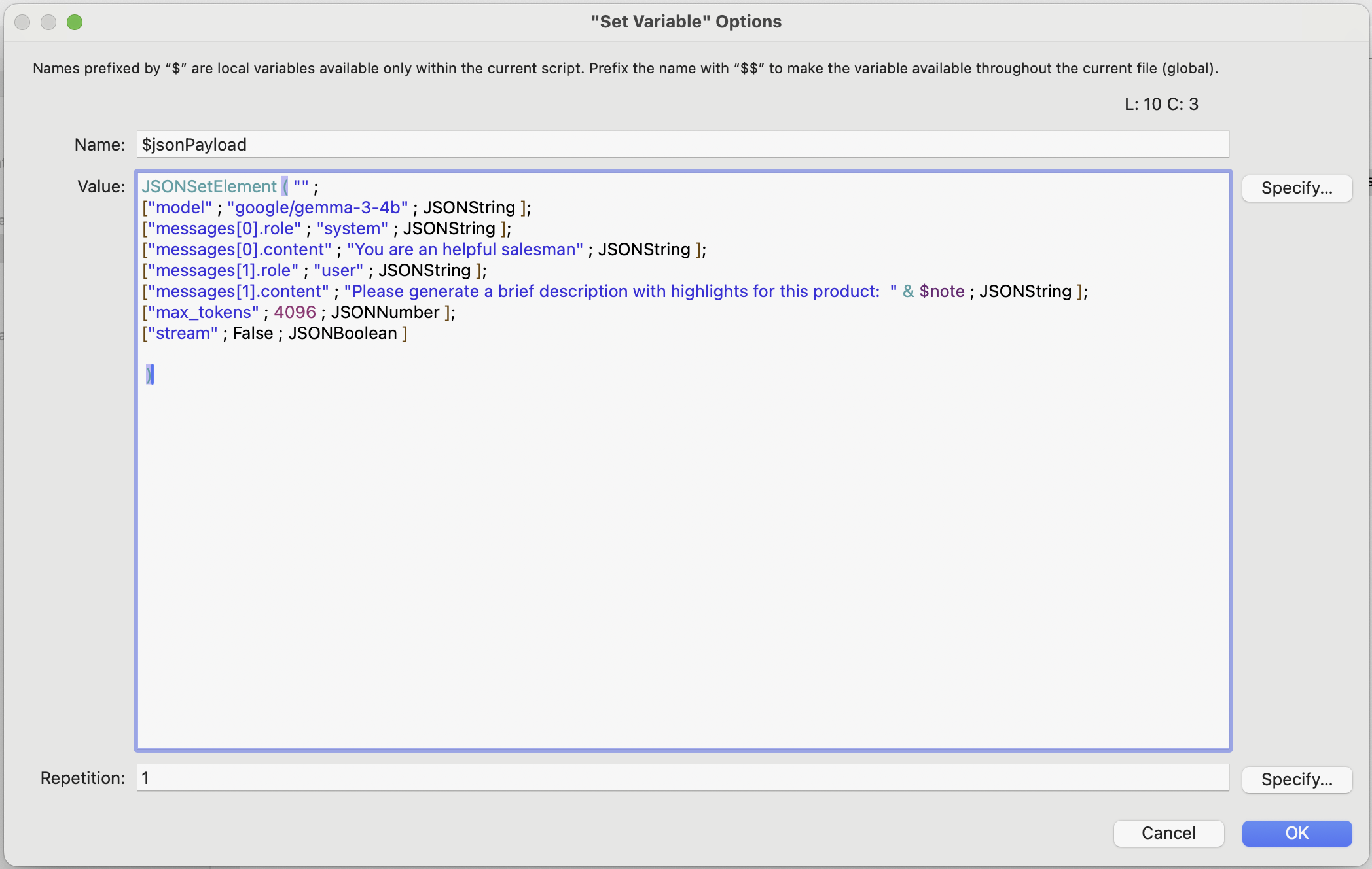 The JSON payload we’ll send to our local LLM, including instructions, input, and token limit.