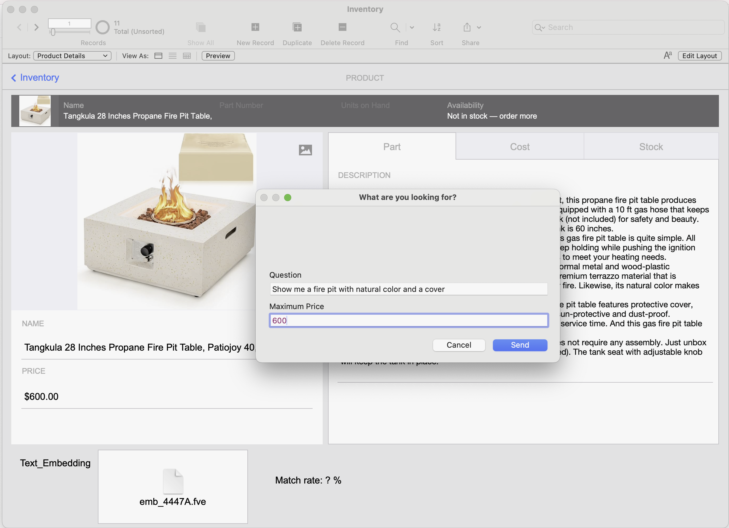 Prompting our LLM with a custom query and a maximum price parameter.