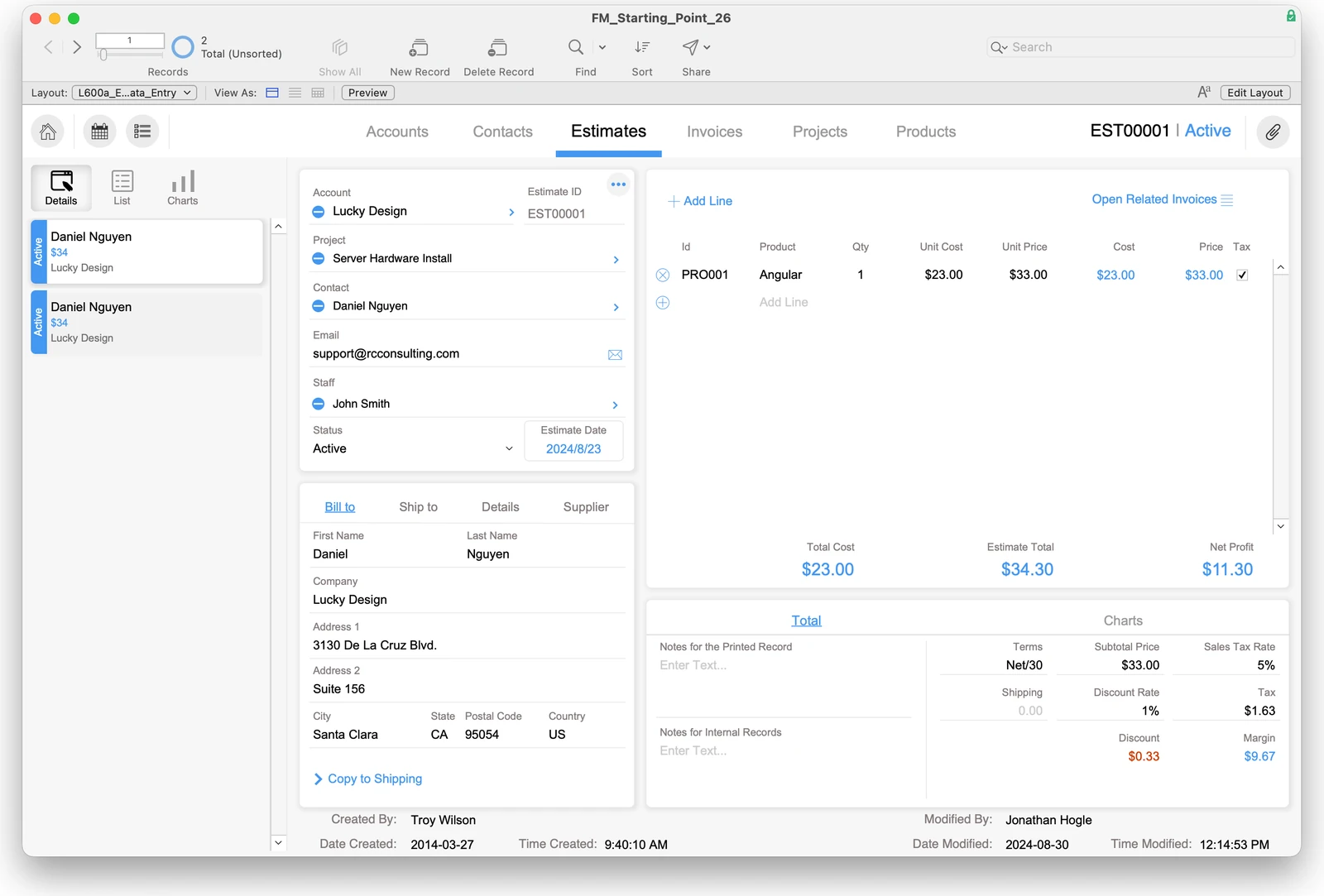 The Estimates data entry layout in FileMaker Pro.