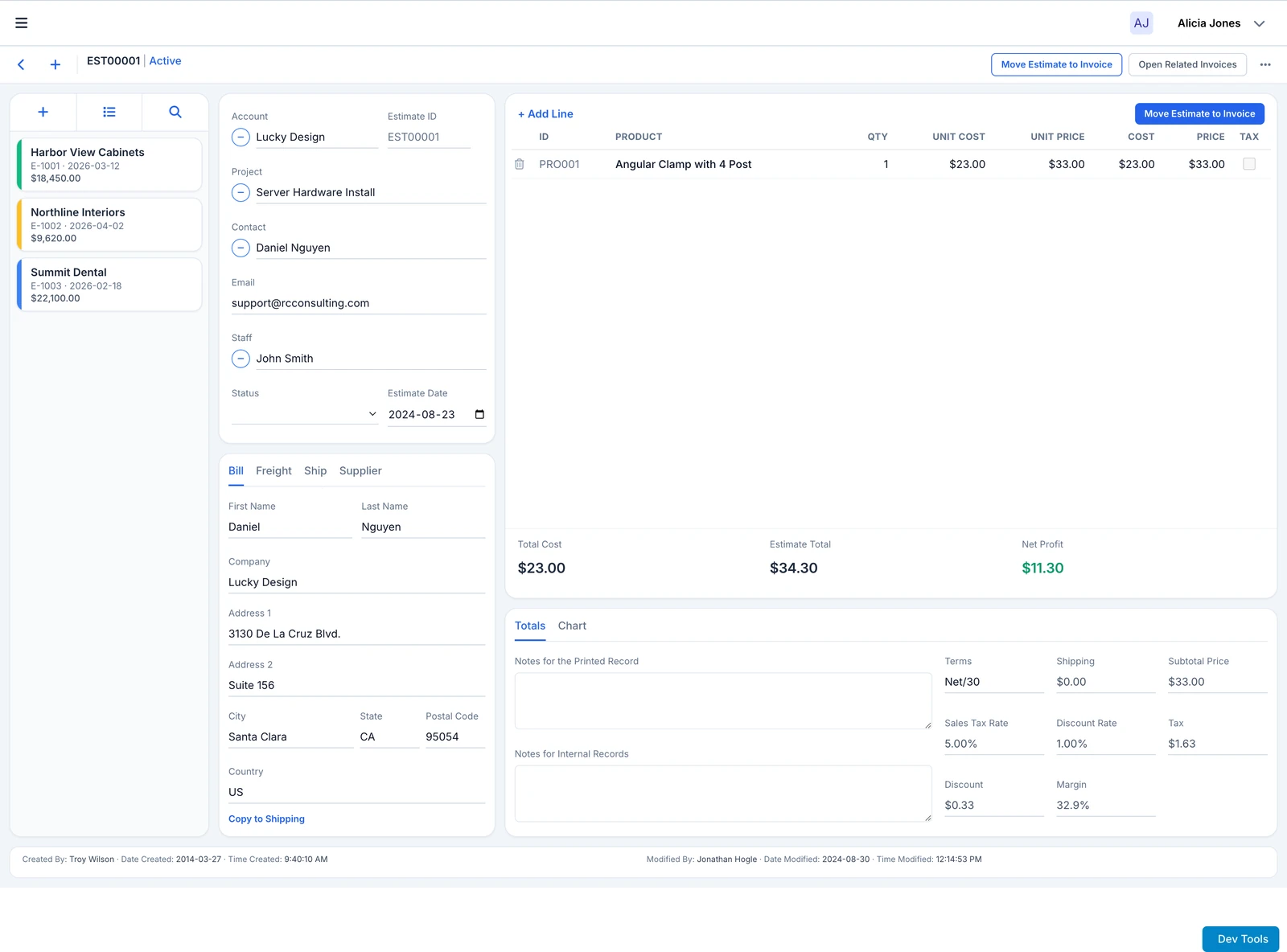 The same estimate record running as a Klai web page.