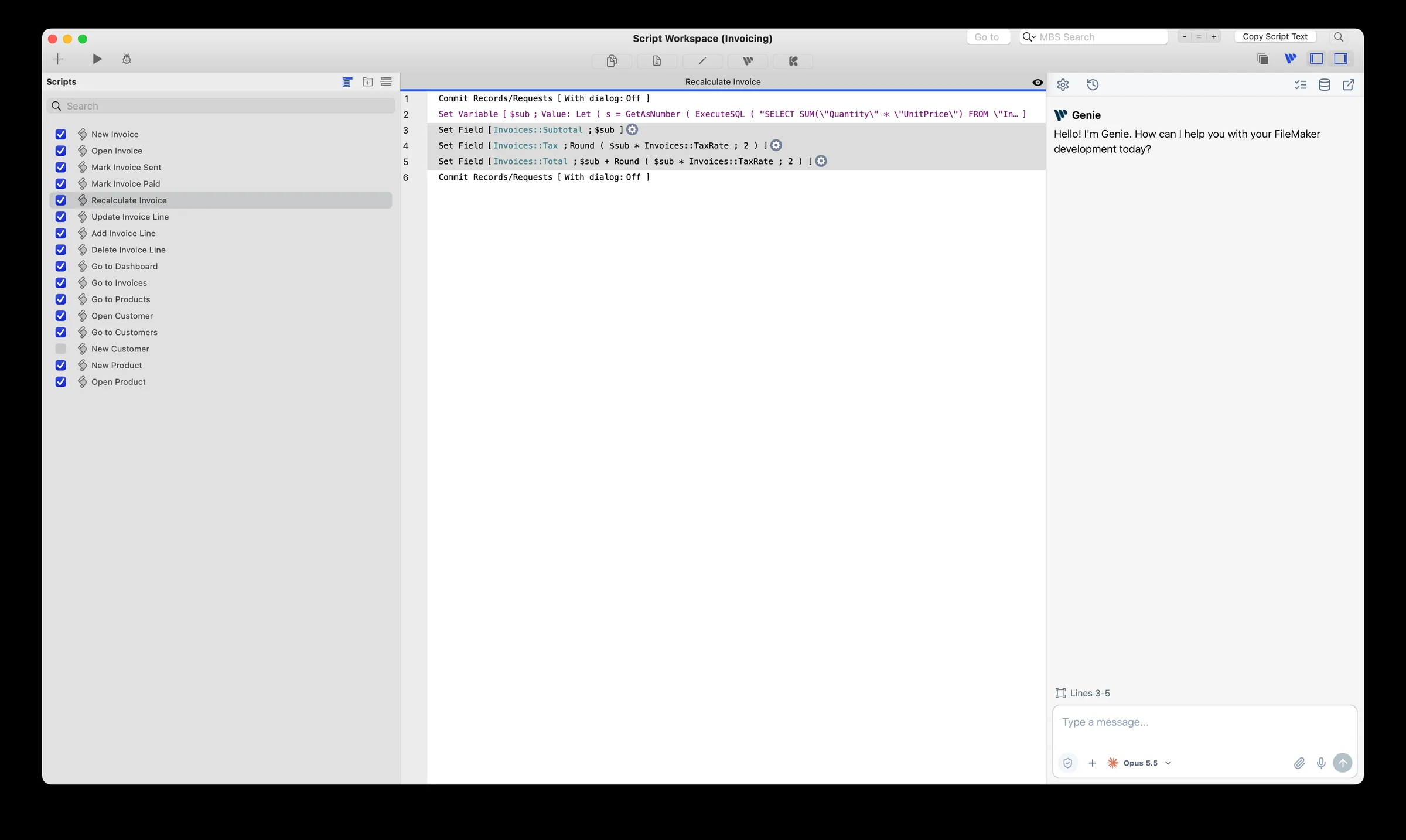 Script Workspace avec le panneau Genie ancré à droite