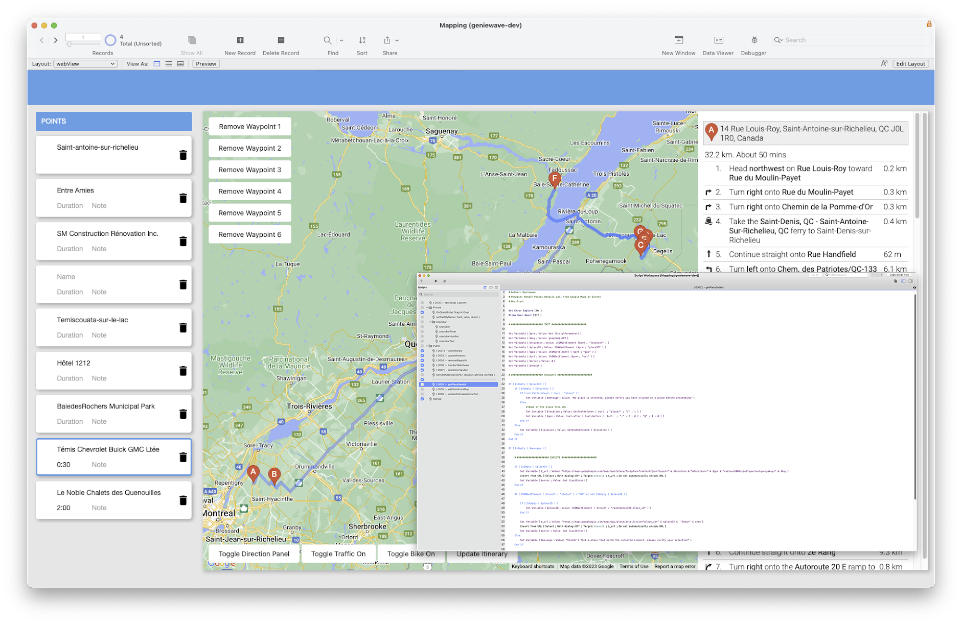 Screenshot of mapping and navigation software displaying a route from Saint-Antoine-sur-Richelieu, Quebec to Montreal, Quebec, with multiple waypoints and a cod