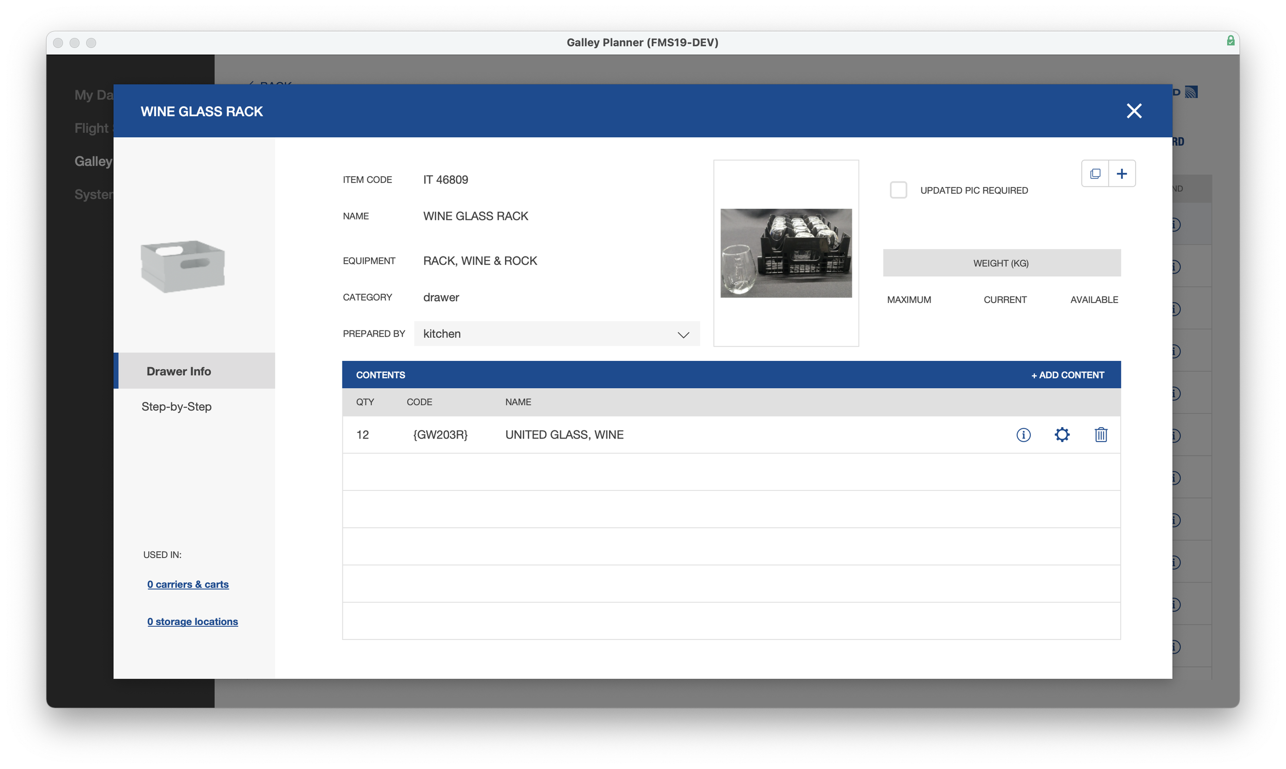 Screenshot of a digital software interface titled 'Galley Planner' showing details for a wine glass rack, including item code IT 46809, equipment rack, wine & r