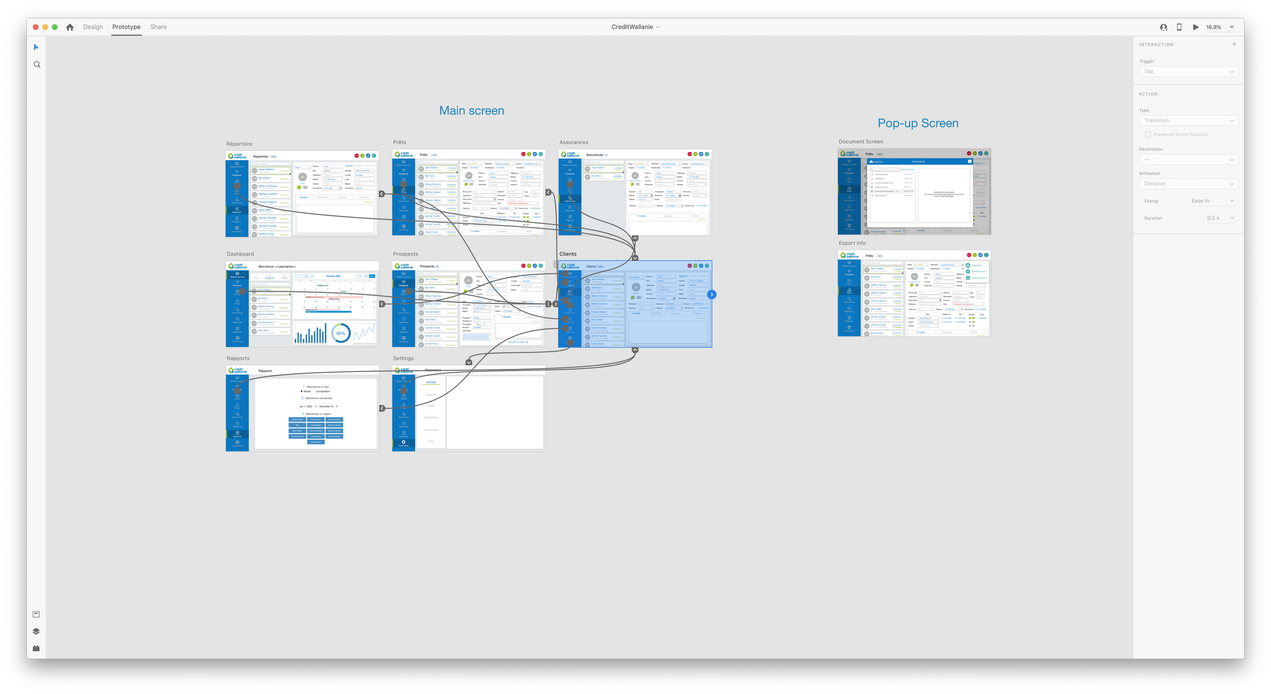 Screenshot of a user interface prototype with a flowchart showing navigation between screens labeled Main screen and Pop-up Screen, including Dashboard, Reports