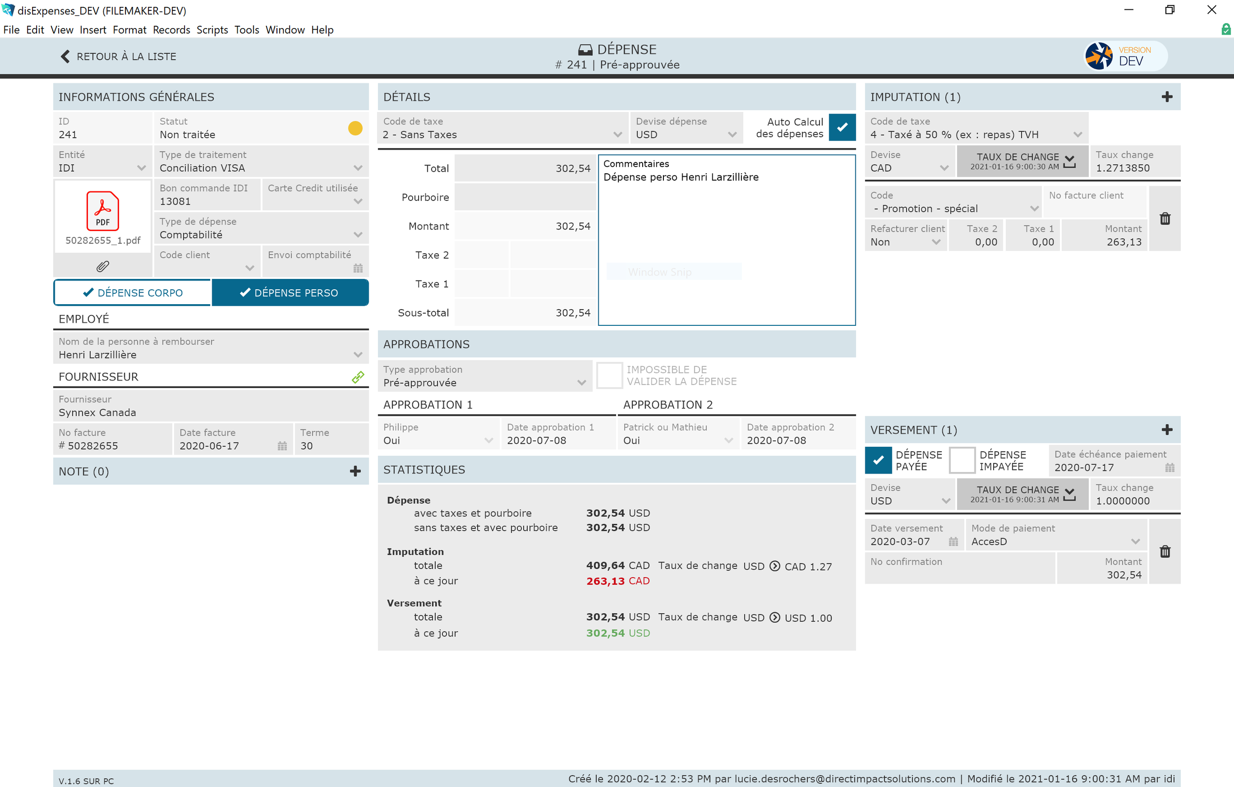 Screenshot of a French-language expense management software showing an expense report with PDF attachment, supplier details, approval history, and currency exch