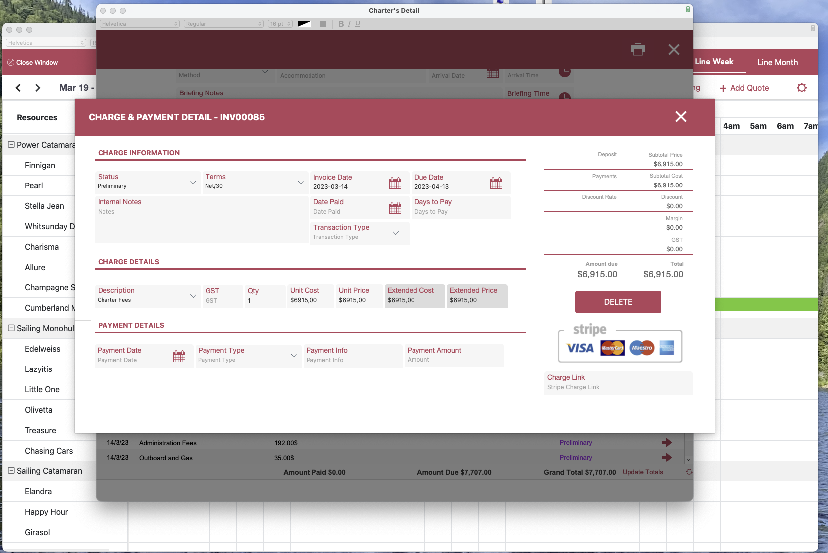 Screenshot of a payment detail window for a charge of charter fees, showing details such as status, invoice date, due date, description, quantity, unit cost, ex