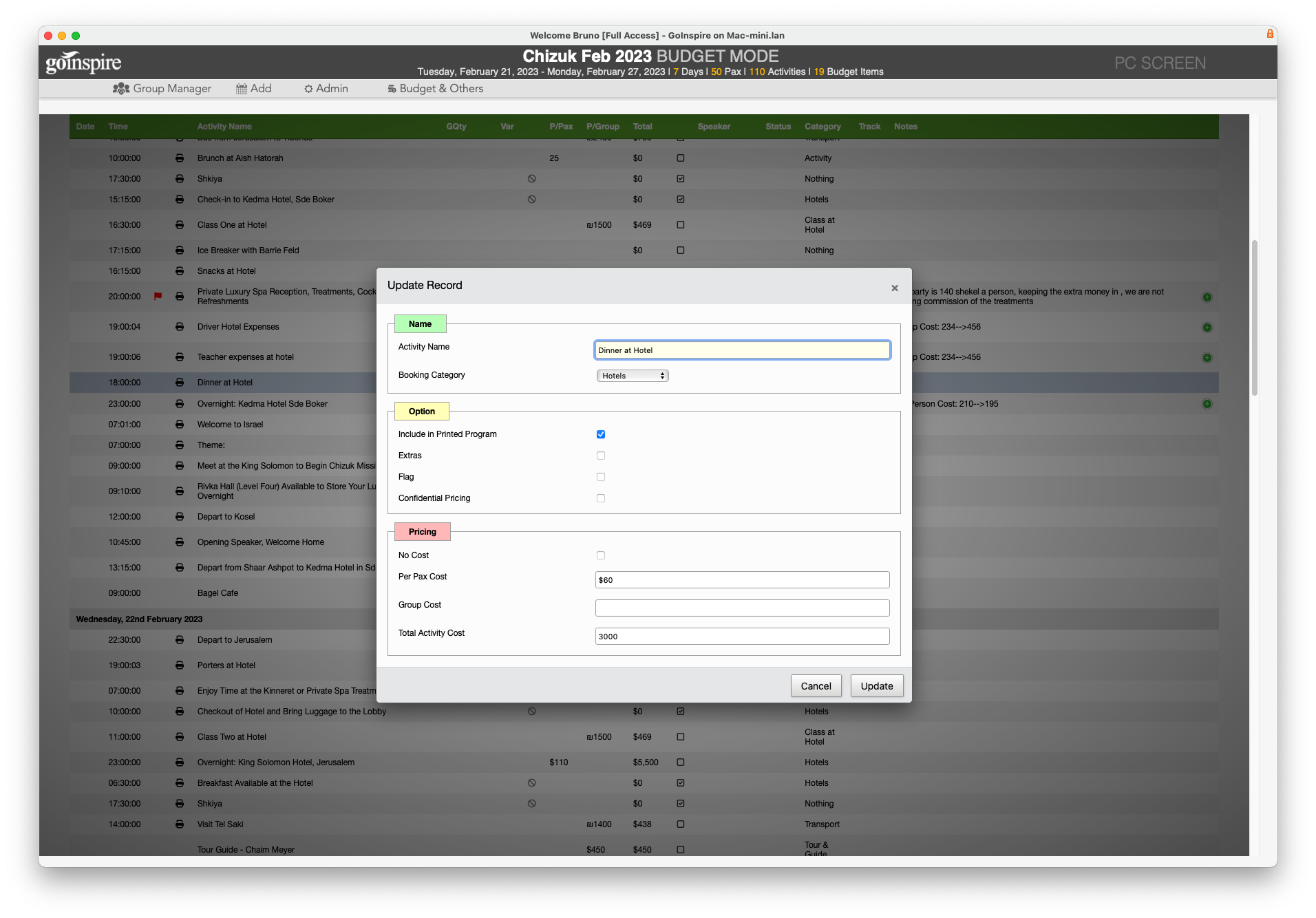 Screenshot of a booking management system interface with a pop-up form for updating a record titled 'Update Record'. The form contains fields for activity name 