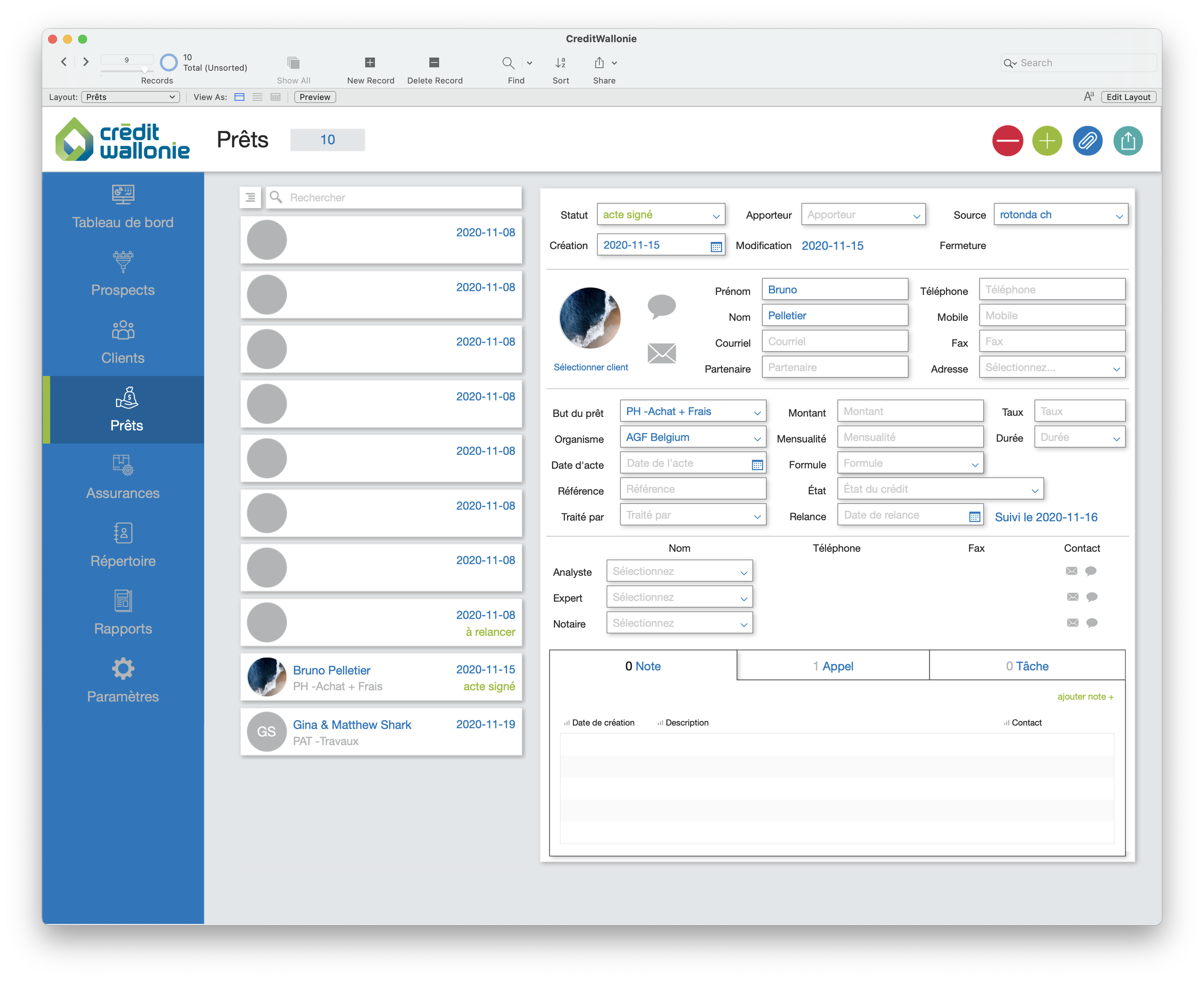 Screenshot of a dashboard interface for Credit Wallonie with a sidebar menu on the left and detailed client information on the right, including fields for loan 