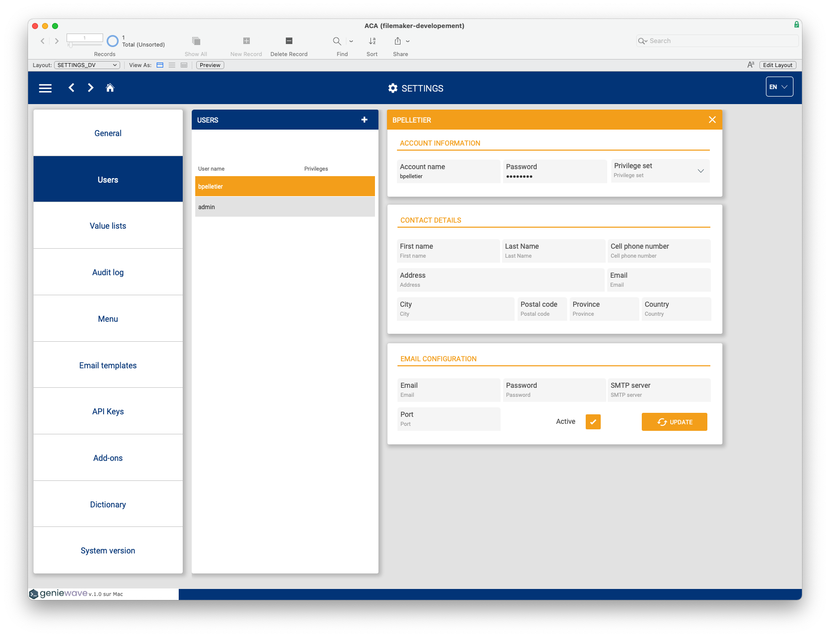 Screenshot of a software interface showing a settings panel with user information, email configuration, and navigation menu on the left.