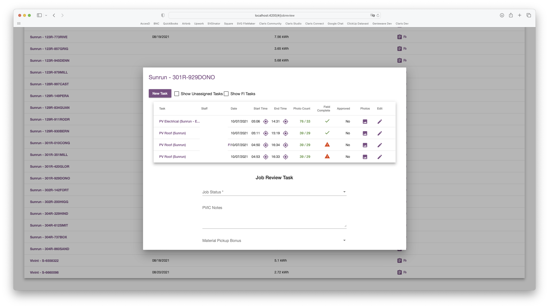 Job Review Screen - See Details and Progress