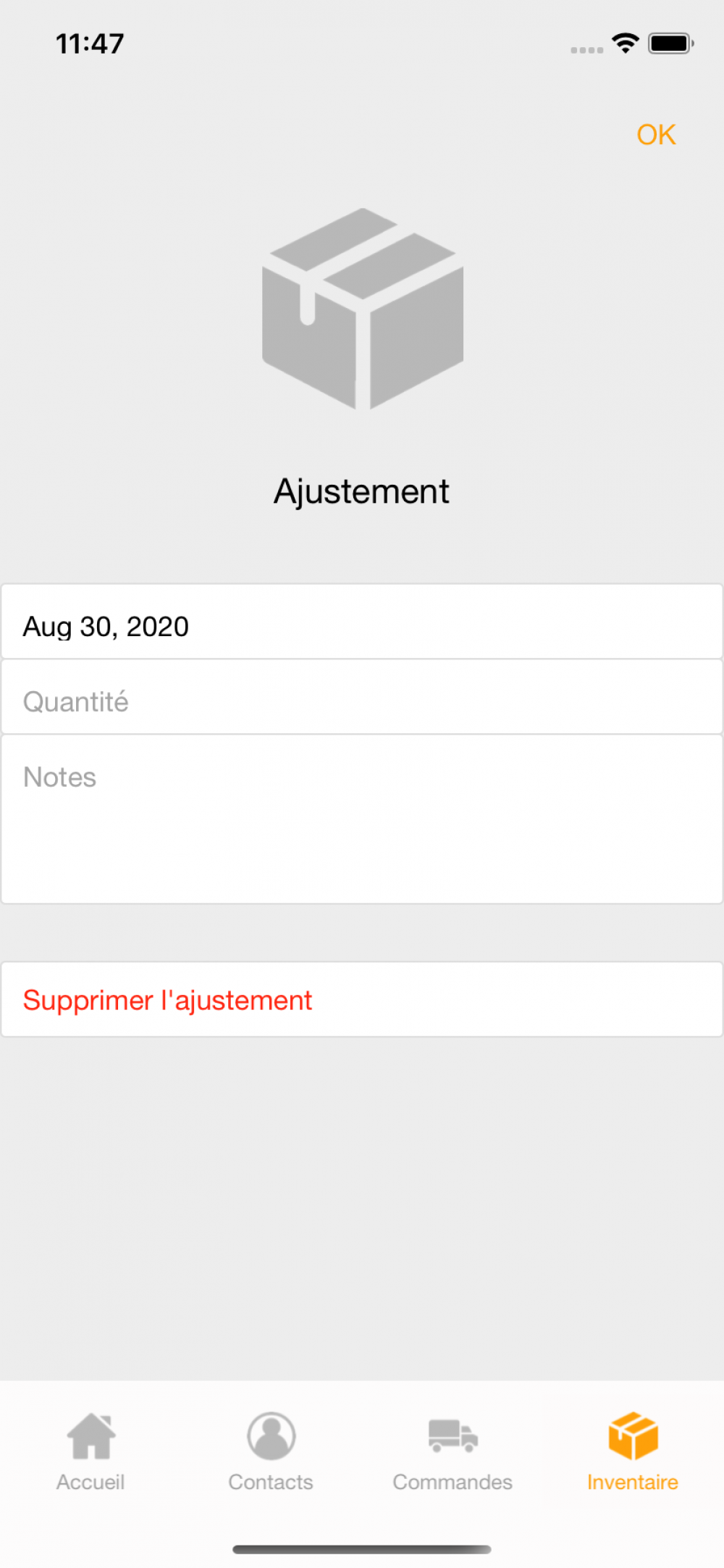 Capture d’écran de LP - app iOS Swift pour inventaire et commandes simples